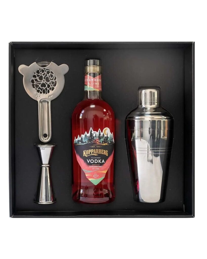 Kopparberg Strawberry & Lime Vodka 70 cl & 3 Piece Cocktail Gift Box