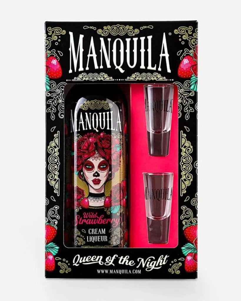 Manquilla Wild Strawberry Cream Liqueur and Shot Glasses Gift Set 70 cl